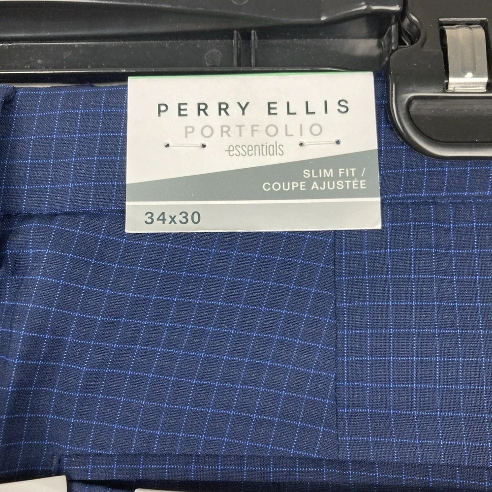 Perry Ellis Mens Modern fit Dress Pants 34W 30L Blue Micro Plaid Stretch